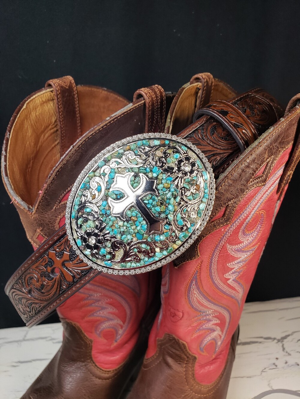 Blazin' Roxx/ Nocona Turquoise Stone Cross Cowboy Belt in size 28 - Picture 11 of 13